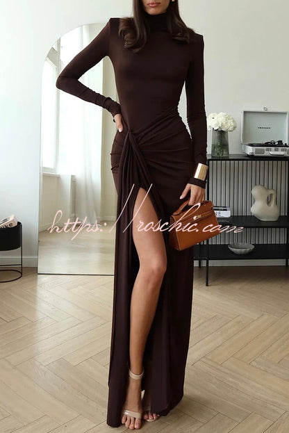 Luxe Silhouette High Neck Shoulder Pads Drape Stretch Maxi Dress