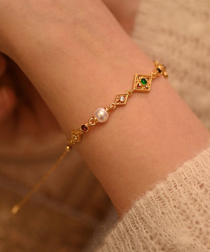 Geometric Pearl Gem Stone Adjustable Gold Plated Bracelet