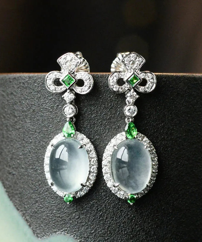 Green Sterling Silver Zircon Jade Stud Earrings