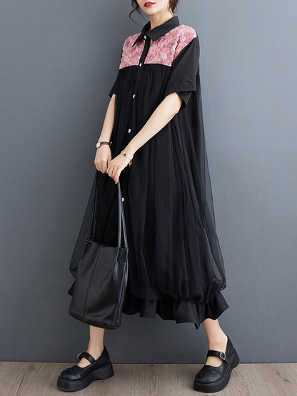Loose Short Sleeves Falbala Printed Split-joint Lapel Midi Dresses