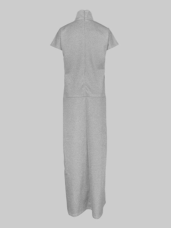Loose Short Sleeves Color Split-joint High Neck Maxi Dresses