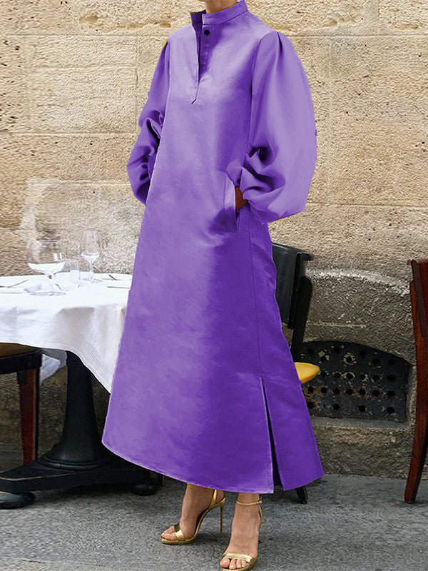 A-line Long Sleeves Buttoned Pleated Pockets Color Split-side Stand Collar Midi Dresses