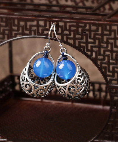 Blue Sterling Silver Agate Hoop Earrings