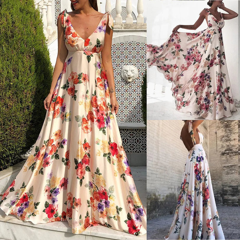 Flower Print Bowknot Leace-up Sleeveless Long Dresses V-neck Backless Evening Party Maxi Dress Spring Summer New