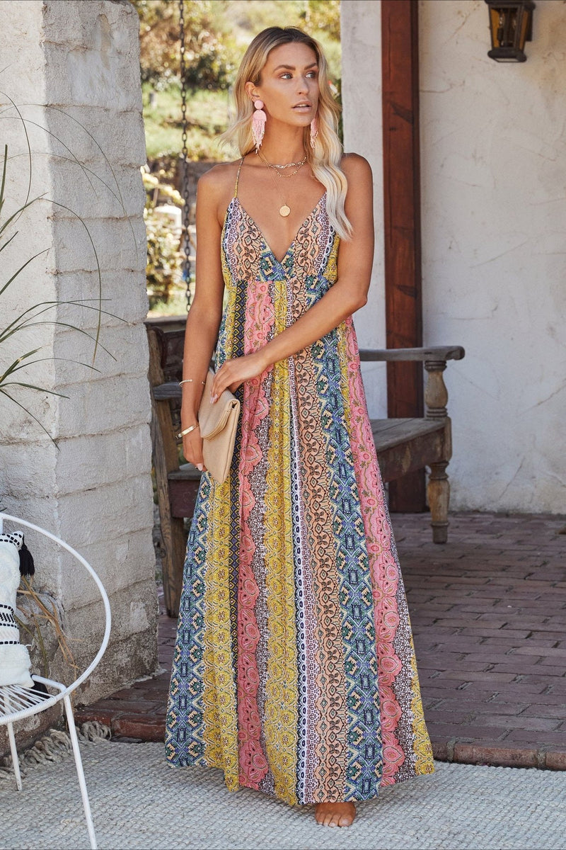 V-neck Backless Print Cami Maxi Dress