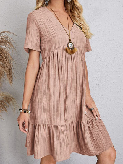 A-line Loose Pleated Color Split-joint V-neck Mini Dresses