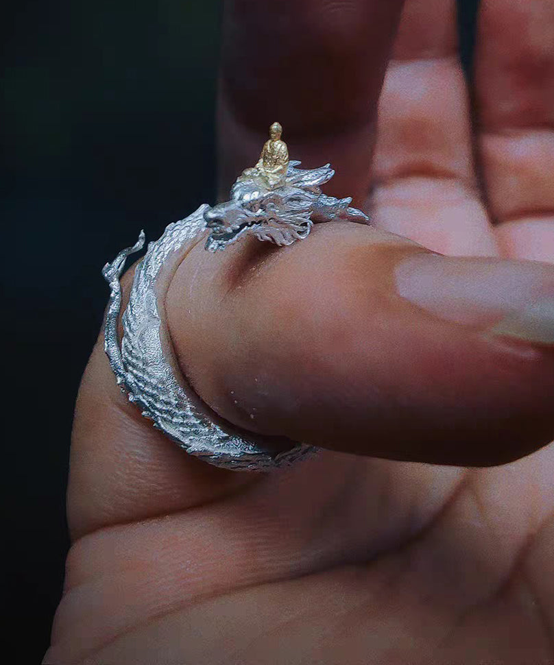Unique Silk Panlong Meets Buddha Design Silver Rings