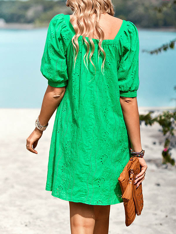 Loose Puff Sleeves Jacquard Color Square-neck Mini Dresses