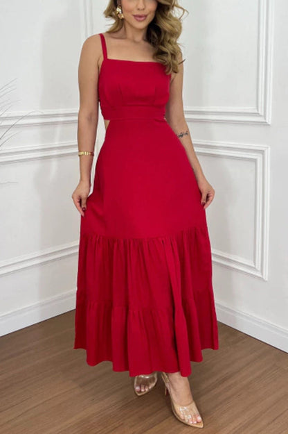 Color Sleeveless Pleated Back Waist-baring Maxi Dress