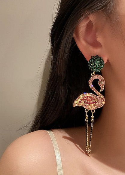 Pink Flamingo Zircon Tassel Silver Drop Earrings
