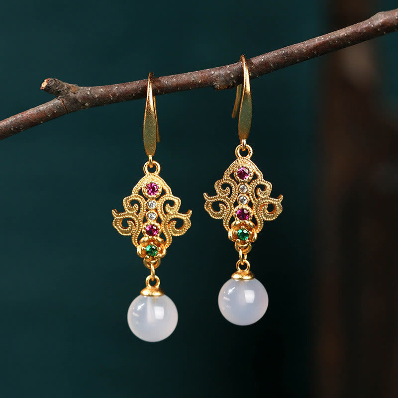 Buddha Stones 24k Gold Plated Round Chalcedony Positive Dangle Drop Earrings