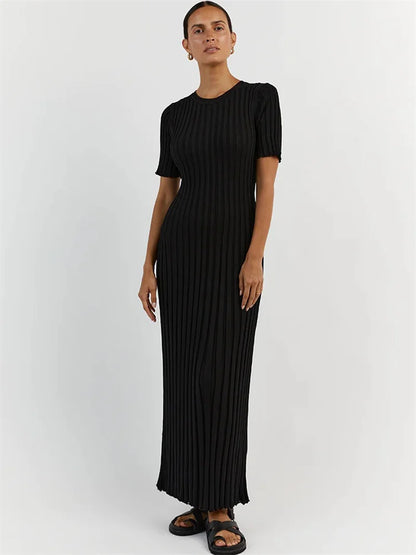 Ribbed Short Sleeve Maxi Dress Knitwear Lace-up High Waist Patchwork Dress Autumn Female Knit Dress New