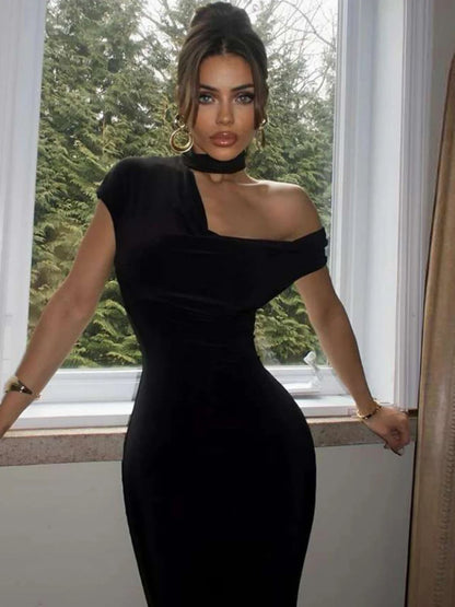 ’s Off the Shoulder Slope O Neck Maxi Dress Short Sleeve High Waist Slim Fit Club Party Dress Femme