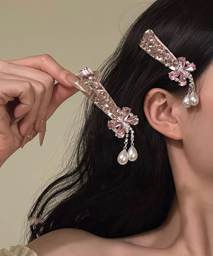 Fine Pink Alloy Butterfly Zircon Pearl Tassel a Pair Hairpin