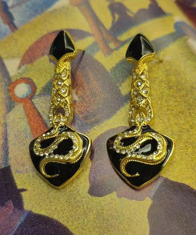 Black Ancient Gold Zircon Asymmetric Glazed Serpentine Shape Drop Earrings