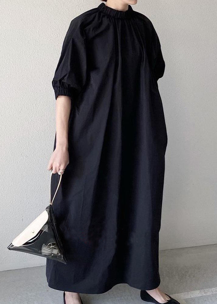 Navy Back Zippered Cotton Maxi Dress Half Sleeve Tz013