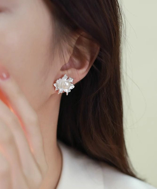 Classy White Sterling Silver Pearl Dripping Glaze Stud Earrings