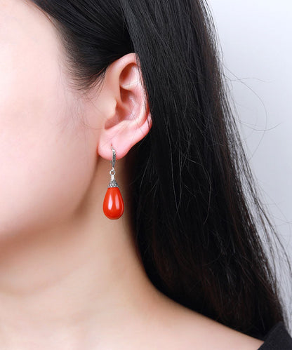 Red Sterling Silver Inlaid Gem Stone Water Drop Drop Earrings