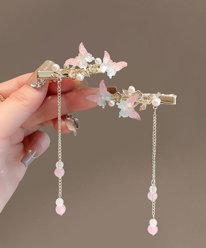 Pink Alloy Pearl Butterfly Tassel Hairpin