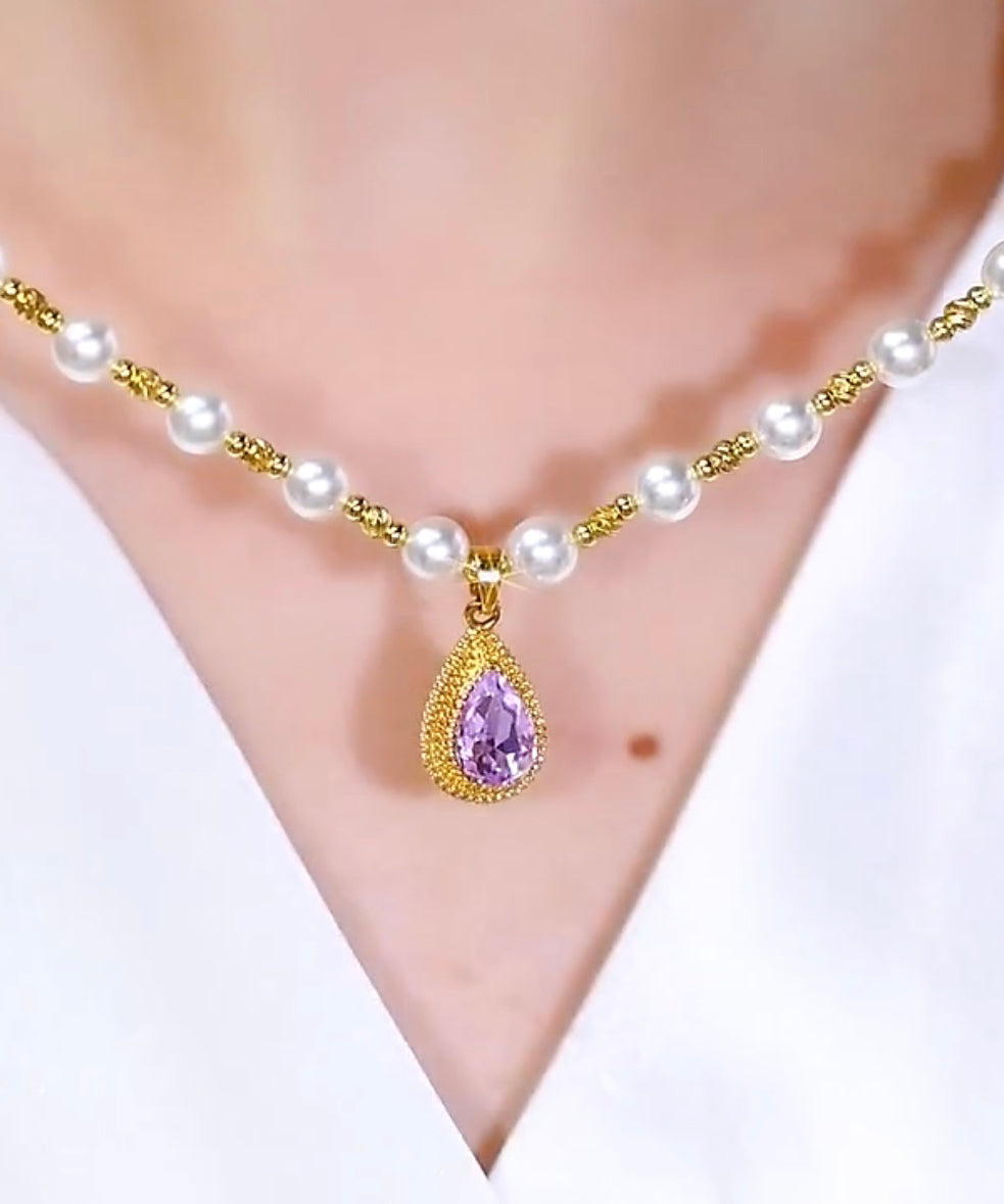 Purple Sterling Silver Overgild Pearl Water Drop Pendant Necklace
