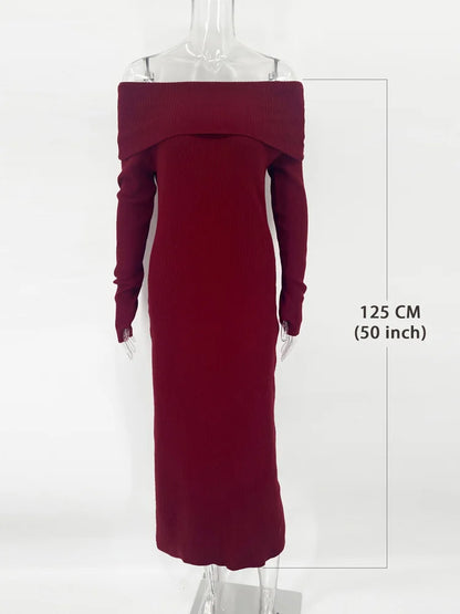 Knit Long Dress Off-shoulder Female Ribbed Loose High Waist Autumn Party Dress Knitwear Maxi Dress
