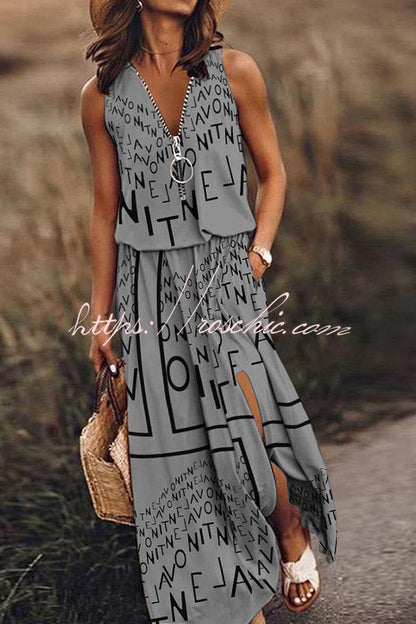 Modern Letter Print Zipper Neck Daily/vacation Maxi Dress