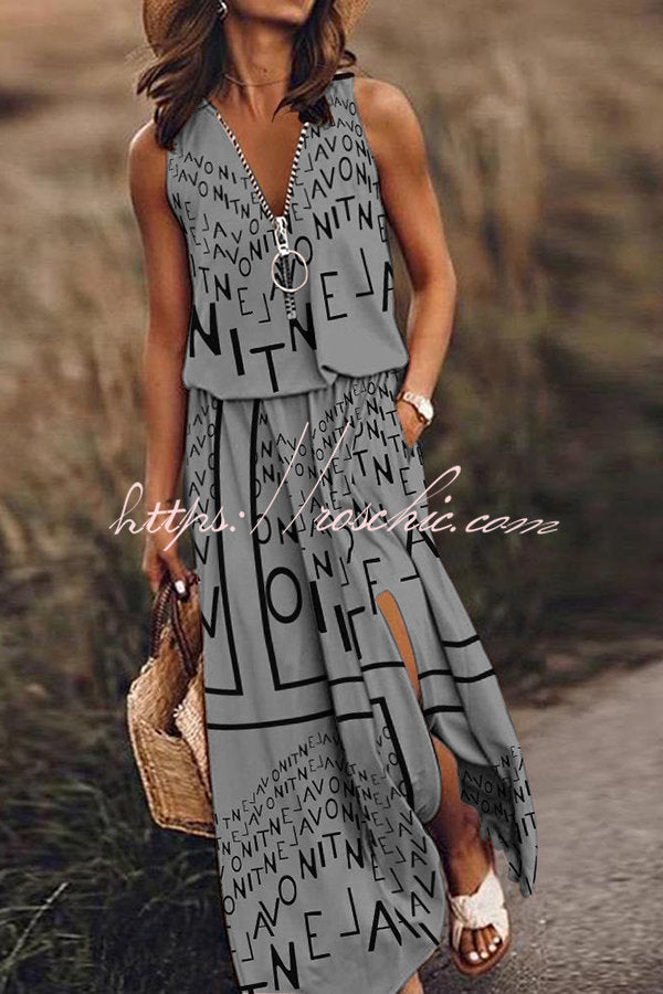 Modern Letter Print Zipper Neck Daily/vacation Maxi Dress