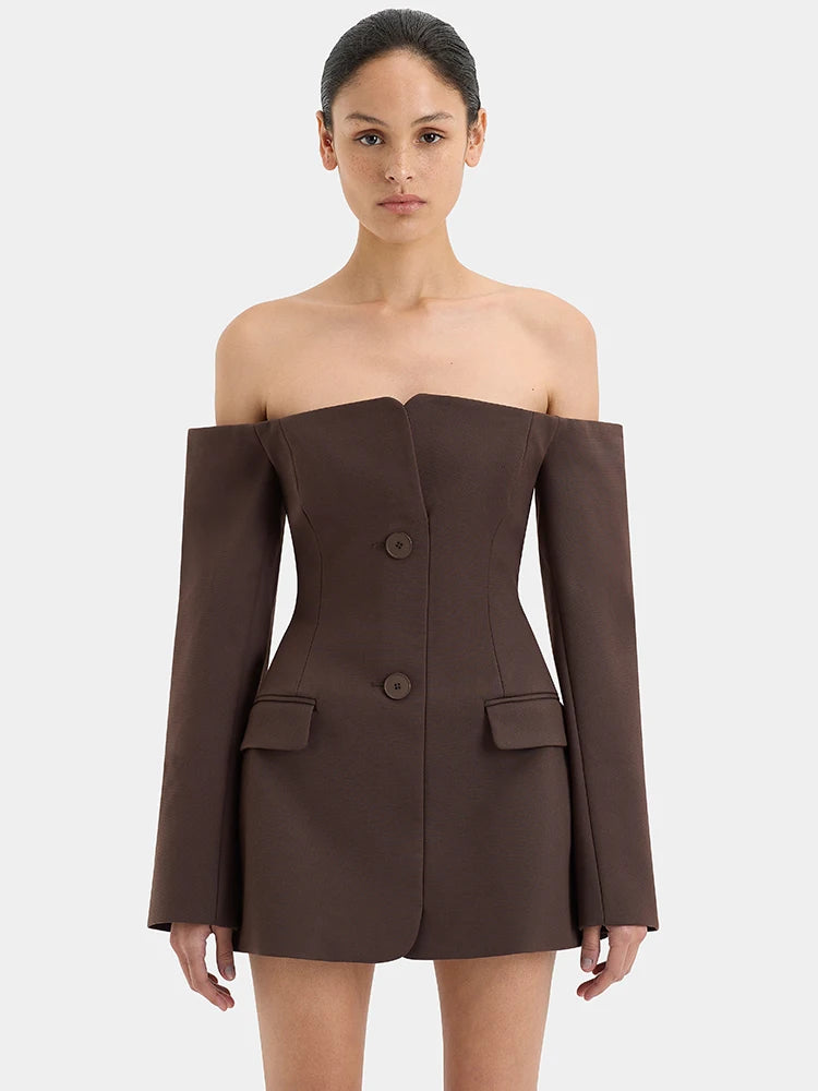 Off-shoulder Strapless Blazer Dress for Zipper Two Pocket Long Sleeve Backless Mini Dress