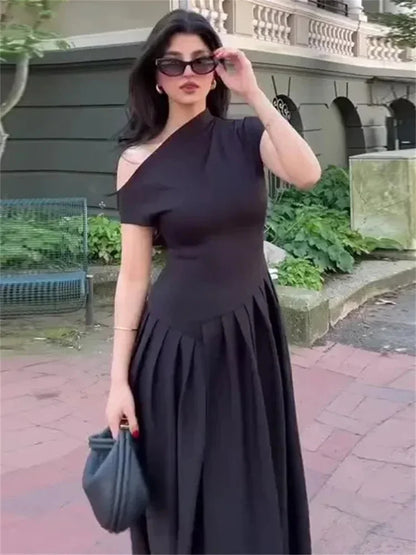 Black Off-shoulder Autumn Long Dress for High Waist Patchwork Slim One-shoulder Party Dress Female Maxi Dress