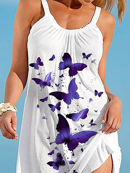 A-line Loose Butterfly Print Pleated Spaghetti-neck Mini Dresses