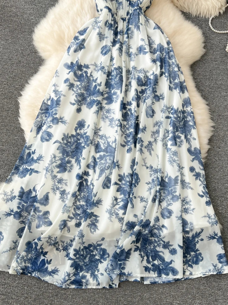 French Blue Printing Beach Long Dress Retro Party Dresses Slim A-line Sleeveless Chiffon Long Robe
