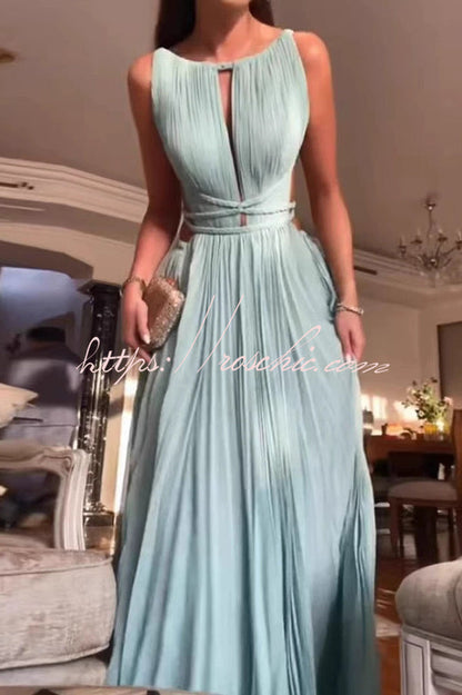 Sleeveless Open Back Cord Pleated Maxi Dress