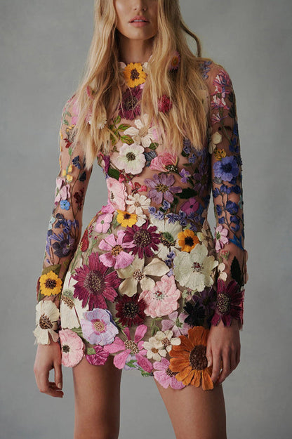 Elegantly Enchanted Applique Backless Long Sleeve Mini Dress