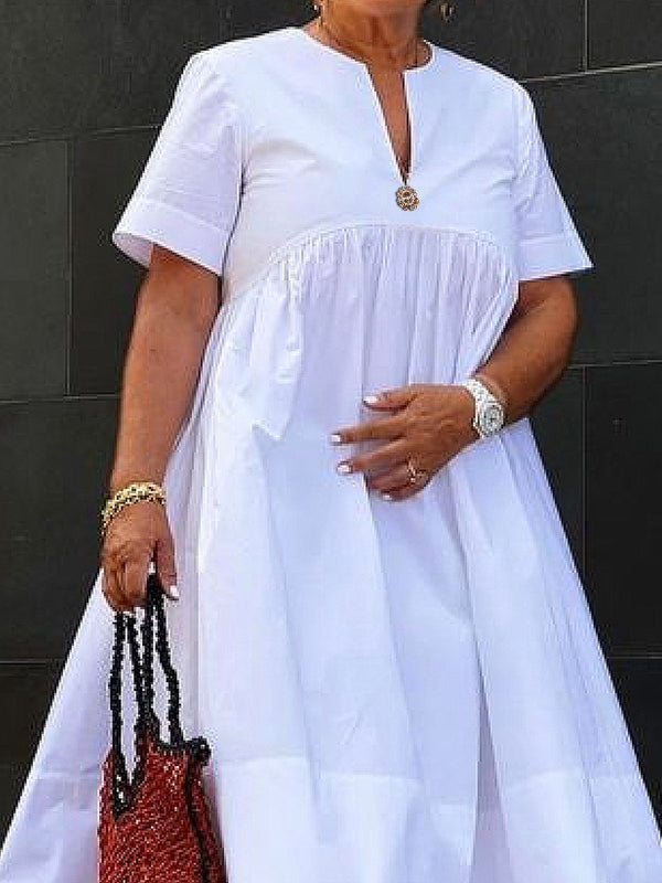 Loose Short Sleeves Color Deep V-neck Midi Dresses Shirt Dress
