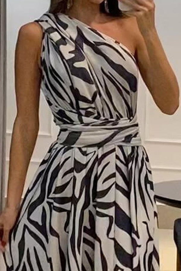 One Shoulder Sleeveless Printed Long Dress With Split Back