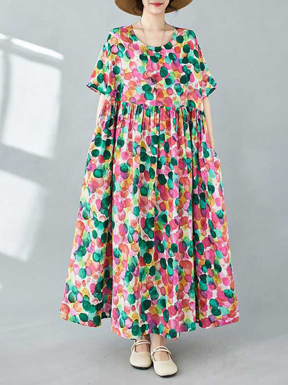 Half Sleeves Loose Pleated Polka-dot Printed Split-joint Round-neck Midi Dresses