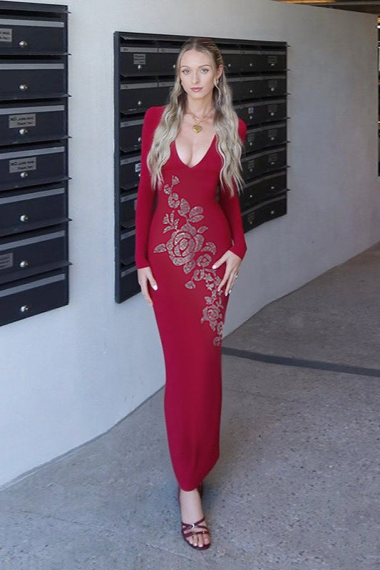 V-neck Rhinestone Bodycon Maxi Dress