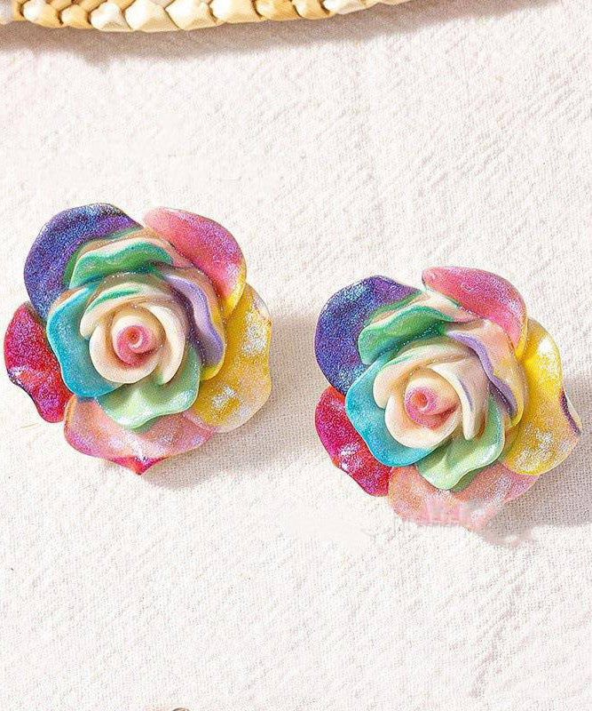 Rainbow Alloy Resin Rose Stud Earrings