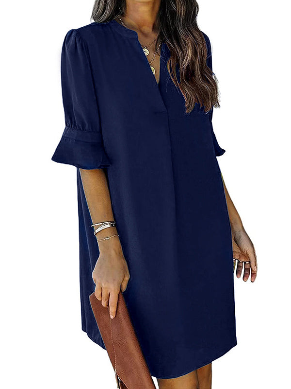 A-line Flared Sleeves Pleated Ruffled Color Split-joint V-neck Mini Dresses