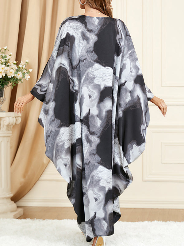Batwing Sleeves Long Sleeves Contrast Color Printed Round-neck Maxi Dresses