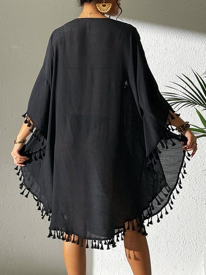 Batwing Sleeves Loose Hollow Color Sun Protection Tasseled Round-neck Cover-ups Tops Midi Dresses