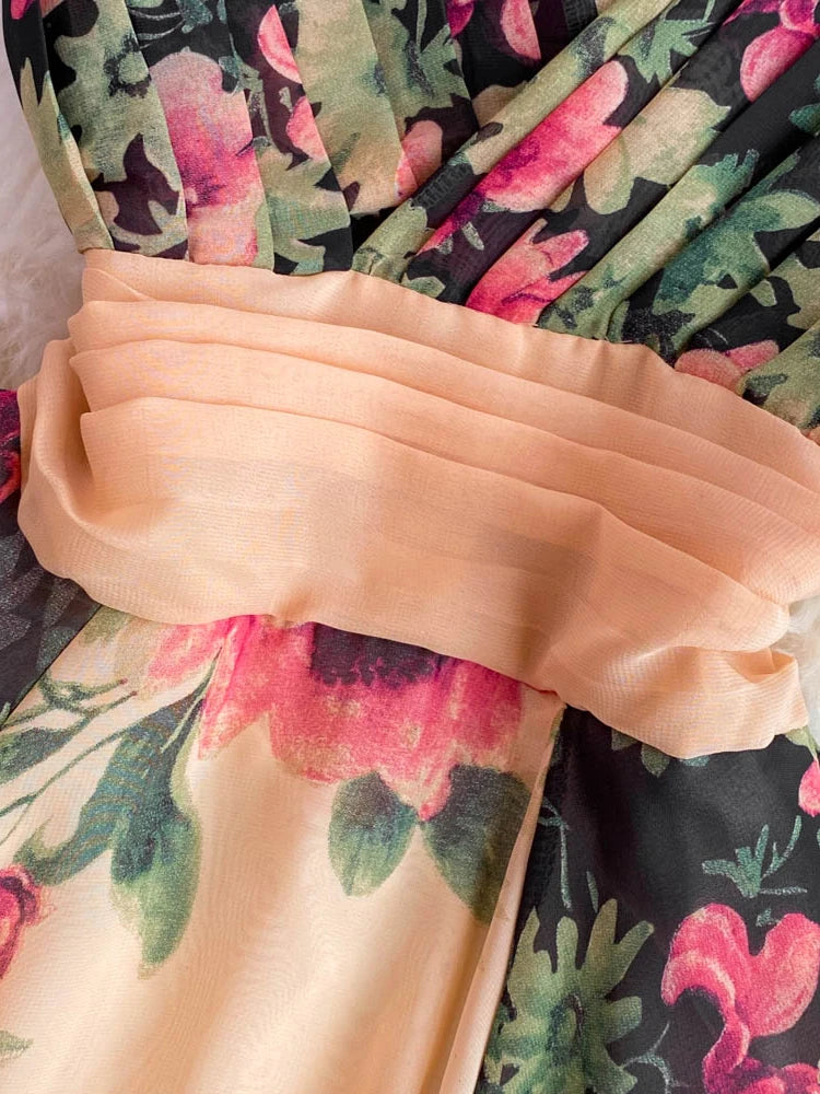 Evening Party Dress V-neck Printed A-line Long Dresses Sleeveless Slim A-line Chiffon Long Robe