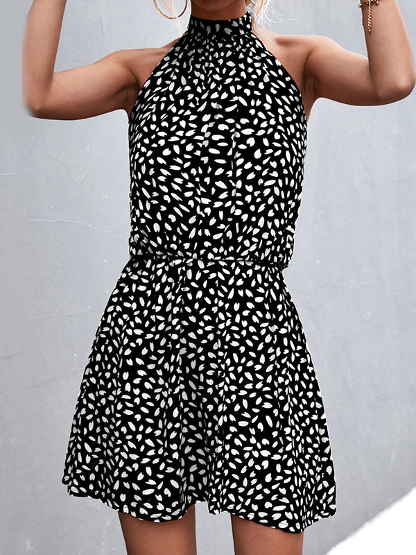 A-line High Waisted Elasticity Leaves Print Pleated Halter-neck Mini Dresses