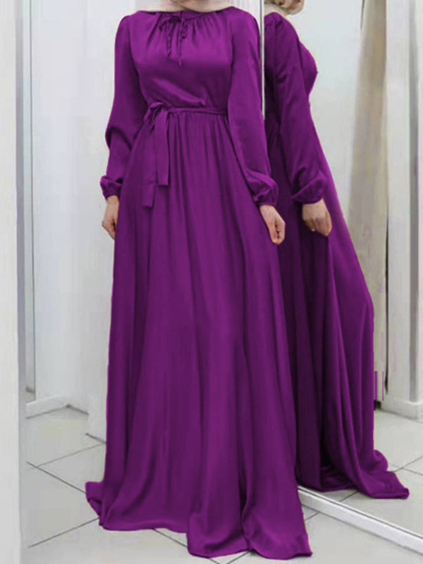 Long Sleeves Loose Pleated Color Tied Waist Maxi Dresses