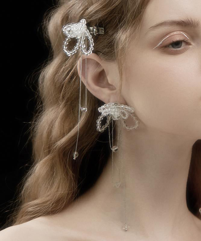 White Alloy Crystal Butterfly Tassel Drop Earrings
