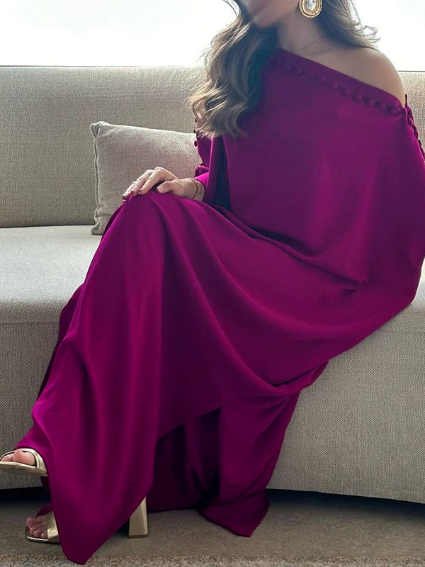 H-line Loose Buttoned Color Maxi Dresses
