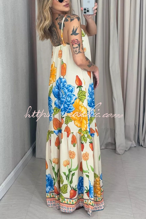 Print Halter Back Loose Pocket Full Hem Maxi Dress