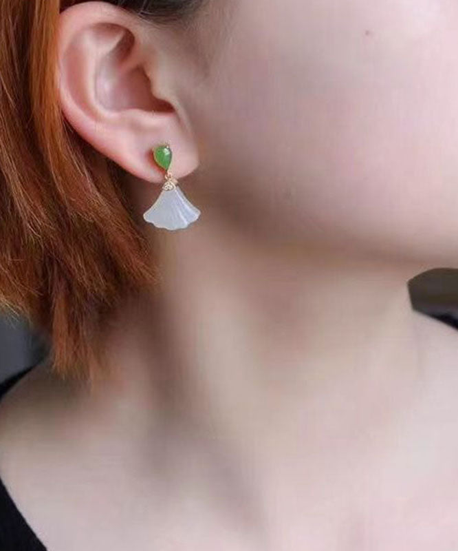 White Sterling Silver Inlaid Jade Fan Shaped Drop Earrings