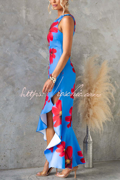 Muse Print One Shoulder Irregular Ruffles Slit Maxi Dress