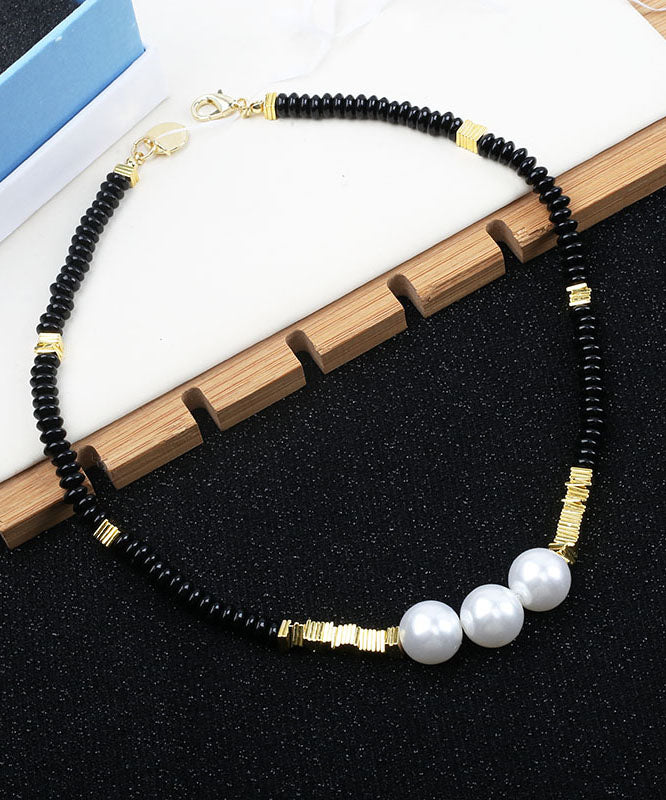 Black Alloy Pearl Beading Gratuated Bead Necklace